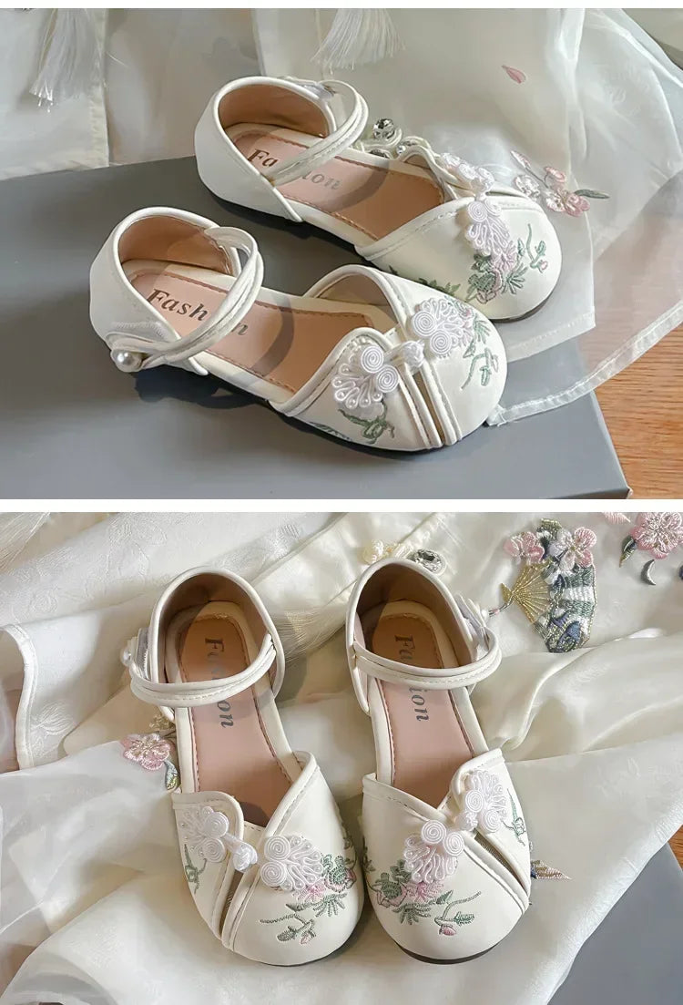 Girls Princess Shoes Hanfu Chinese Style Embroidered Kids Half Sandals for Summer Children Leather Shoes Sweet Soft Sole