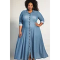 Plus Size Women's Maxi Dress Light Elegant Vintage Blue Shirt Collar Long Sleeve Button Casual Maxi Dress