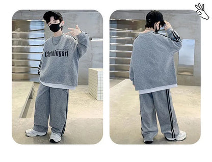 Teenager boys Suit autumn winter Cloth letter striped sweatshirt hooded + wide leg Pants tracksuit 5 8 10 12 Year Child set
