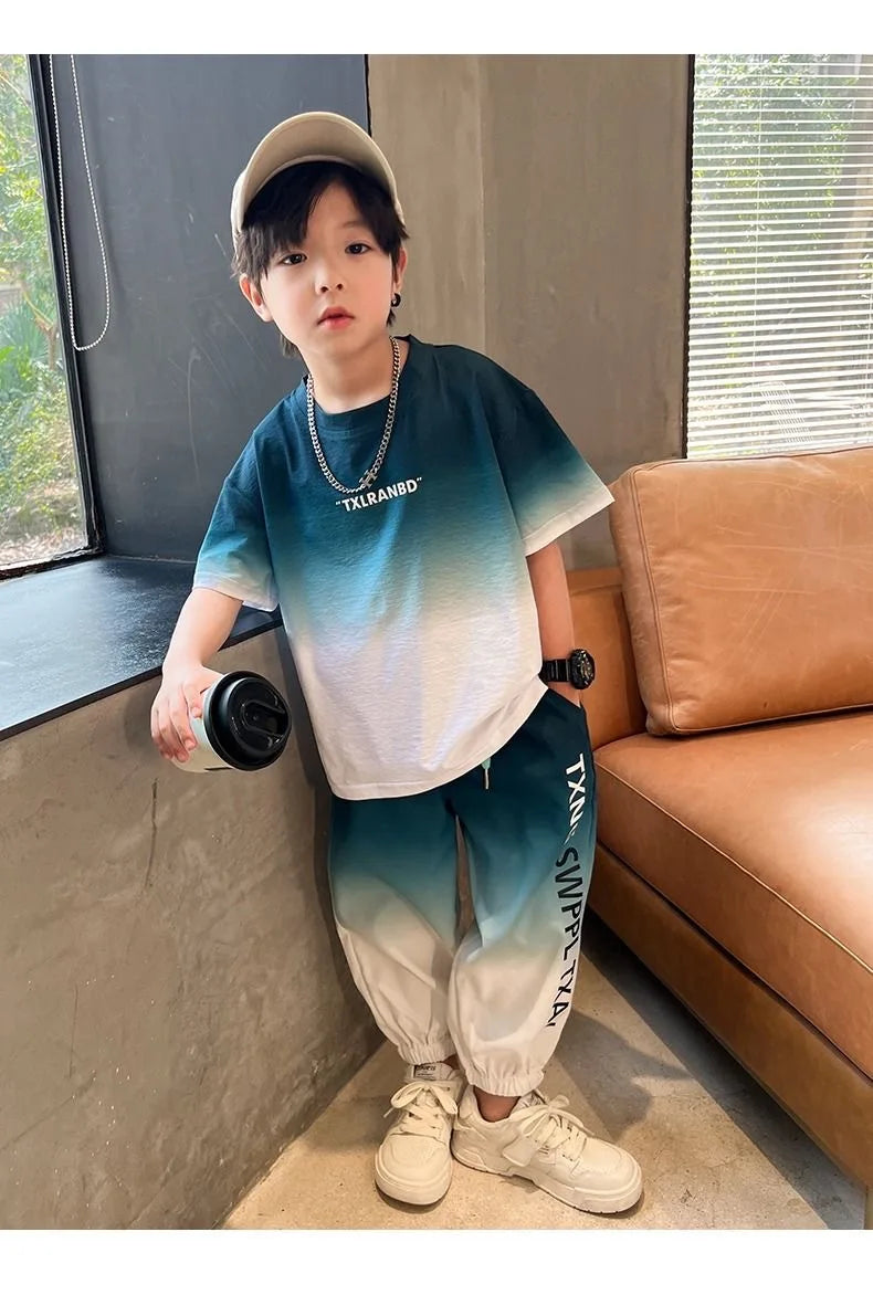 Summer teenager Boys Sports Suit Letter T Shirt + hip hop shorts Pants Kids Clothes Tracksuit 4 5 6 7 8 9 10 11 12 Years