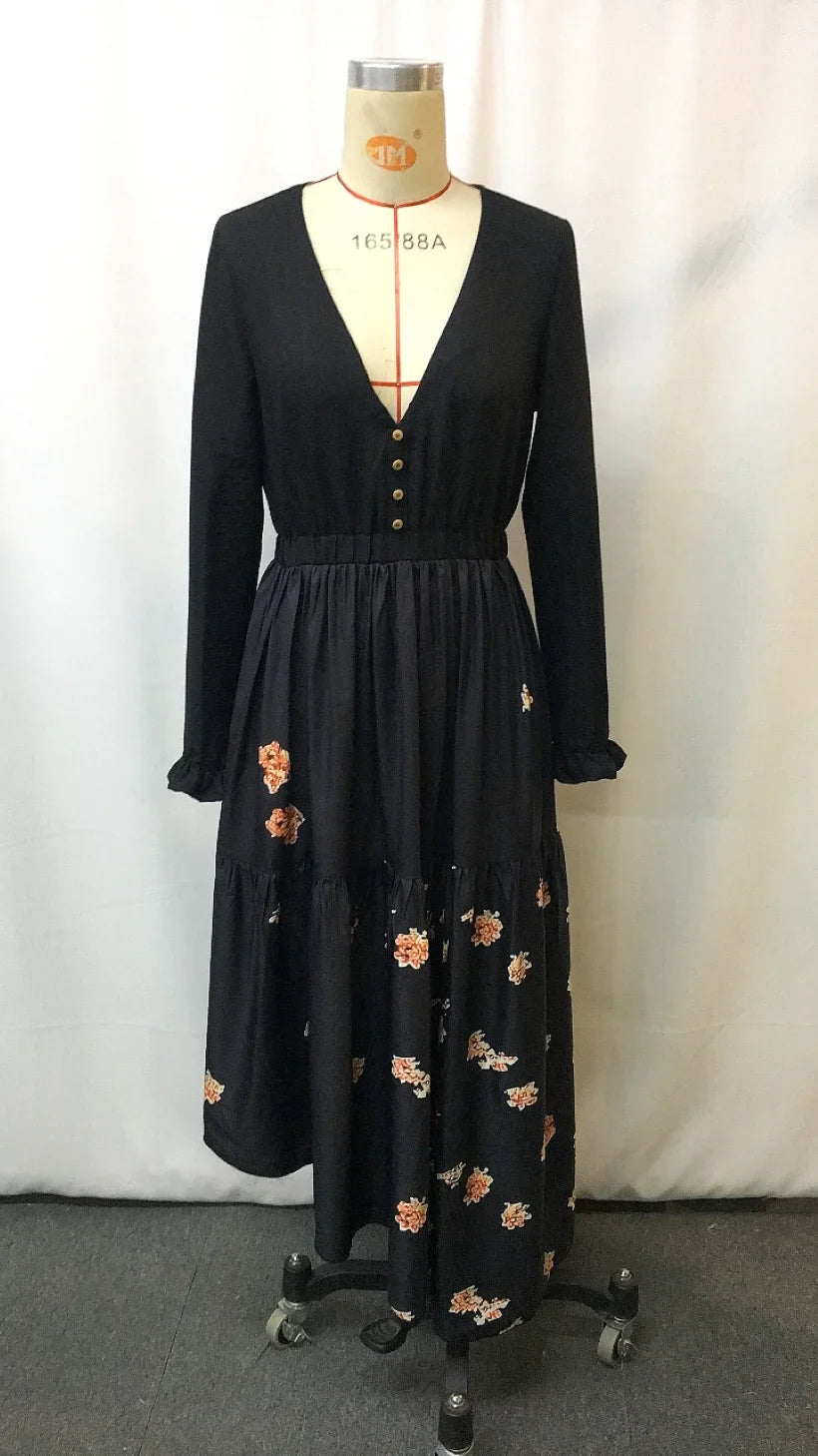 Western Cowgirl Floral Vintage Dress - Ethnic Print Lace-Up Boho Chic Women's Party Dress with Ruffled Hem & Puffed Sleeves