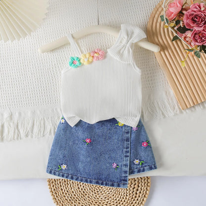 Small Fresh Jeans Skirts Sets Cute Baby Girl Comfortable And Breathable Set Cute Flower Embroidery Short Sleeve Skirt Two Piece