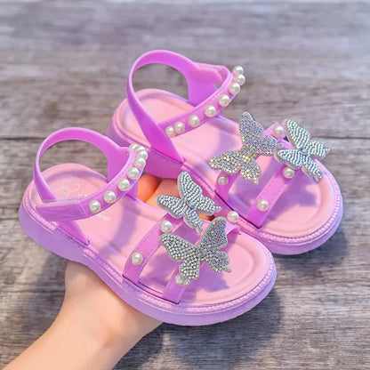 Kids' Sandals PU Leather Sequin Peep Toe Summer Outdoor Flat Shoes For Girls Breathable Anti-slip White Purple Pink