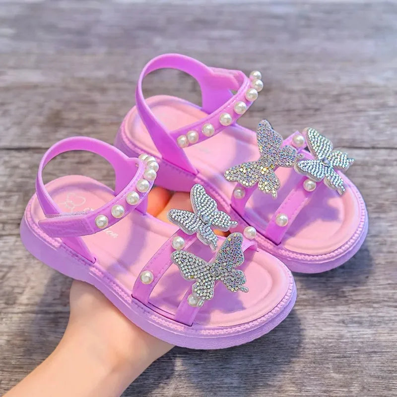 Kids' Sandals PU Leather Sequin Peep Toe Summer Outdoor Flat Shoes For Girls Breathable Anti-slip White Purple Pink