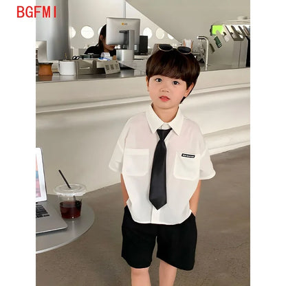 Teens Boys Summer Set Children's Wear Thin 2025 New Handsome British Style Boy White Cotton Short Sleeved Shirt+Black Shorts+Tie