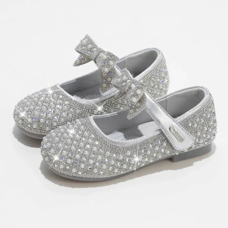 Autumn New Girls Single Princess Shoes Pearl Shallow Children's 2025 Comfortable Flat Shoes Kid Baby Rhinestone Bowknot Shoes