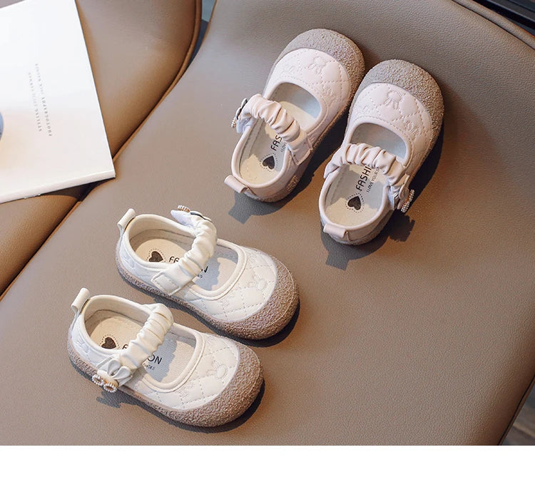 Girl's Mary Janes Cute Flat Sewing Pu Leather Little Children Leather Shoes Pu 21-30 Hook-loop Anti-slip Lovely Kids Spring Shoe