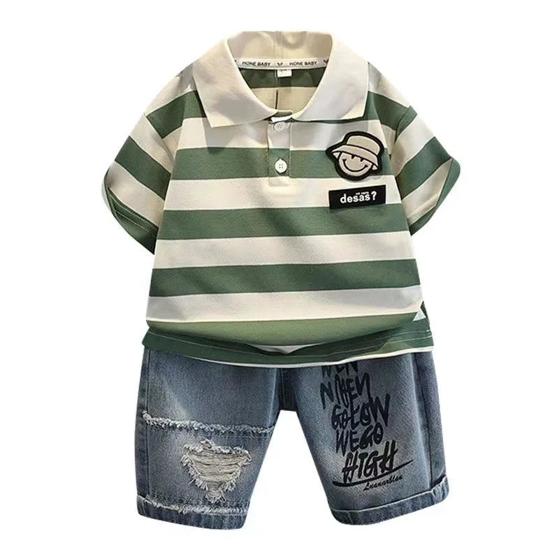 New Boutique Outfits Striped Turn-down Collar T-shirts Tops+Shorts 2PCS Korean Fashion Kids Golf Sport Clothing