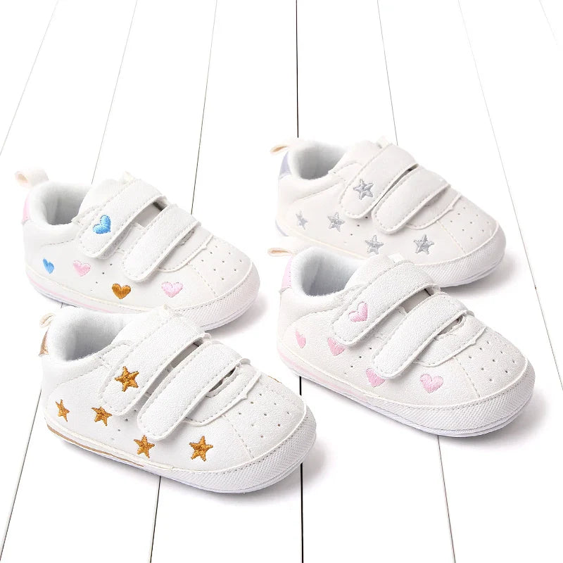 Baby White PU Sneaker Non-slip for Toddler Boys and Girls Cute Embroidery Stars and Hearts