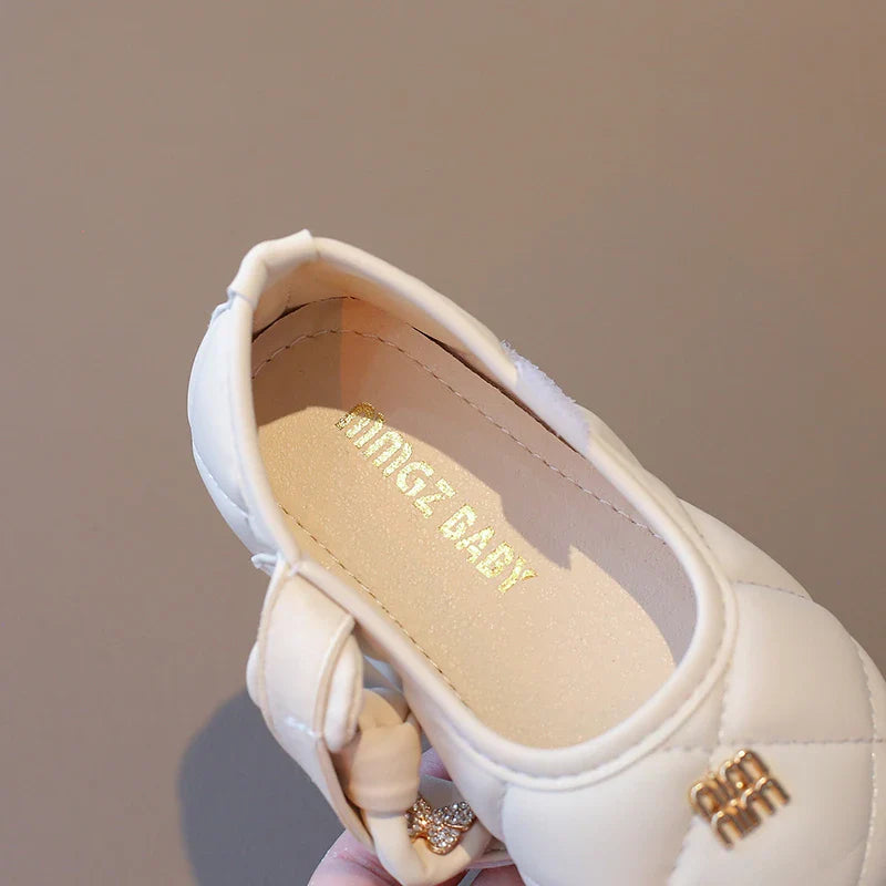 Girls Leather Shoes 1-6 Years Old Beige Rhinestone Bow Performance Princess Shoes Khaki Soft Bottom with Children's Single Shoes