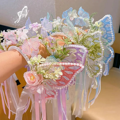 Fresh Sweet Butterfly Flowers Hairband Pearl Beads Silk Ribbon Floral Headwear Fairy Hair Jewelry Decorative Headwear Women Wear