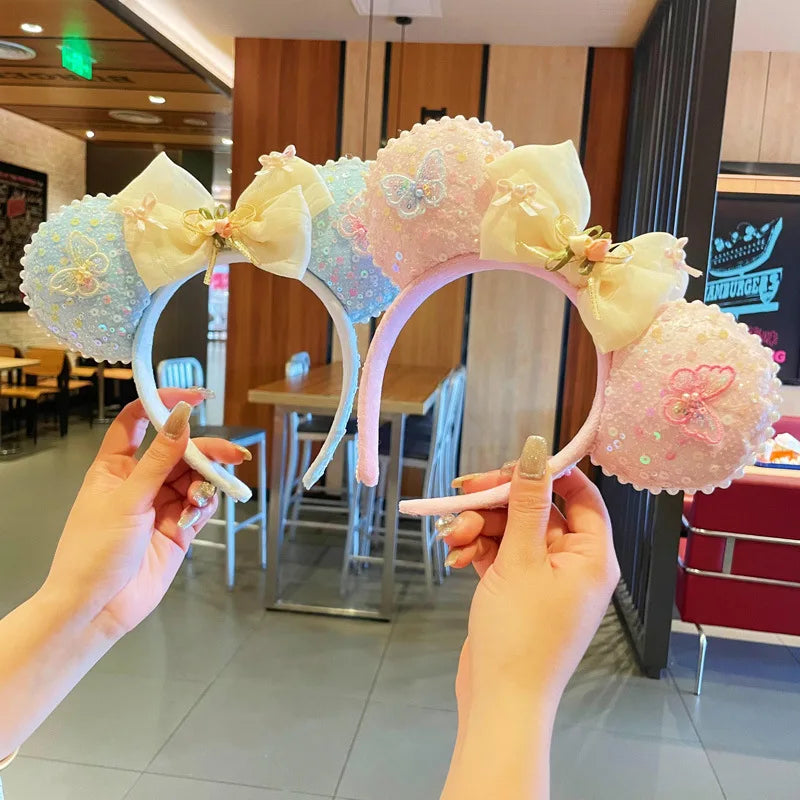 Adorable Sweet Rainbow Mouse ears veil Headband Gradient Butterfly Knot Hairband Theme Fresh Style Women's Hair Accessories