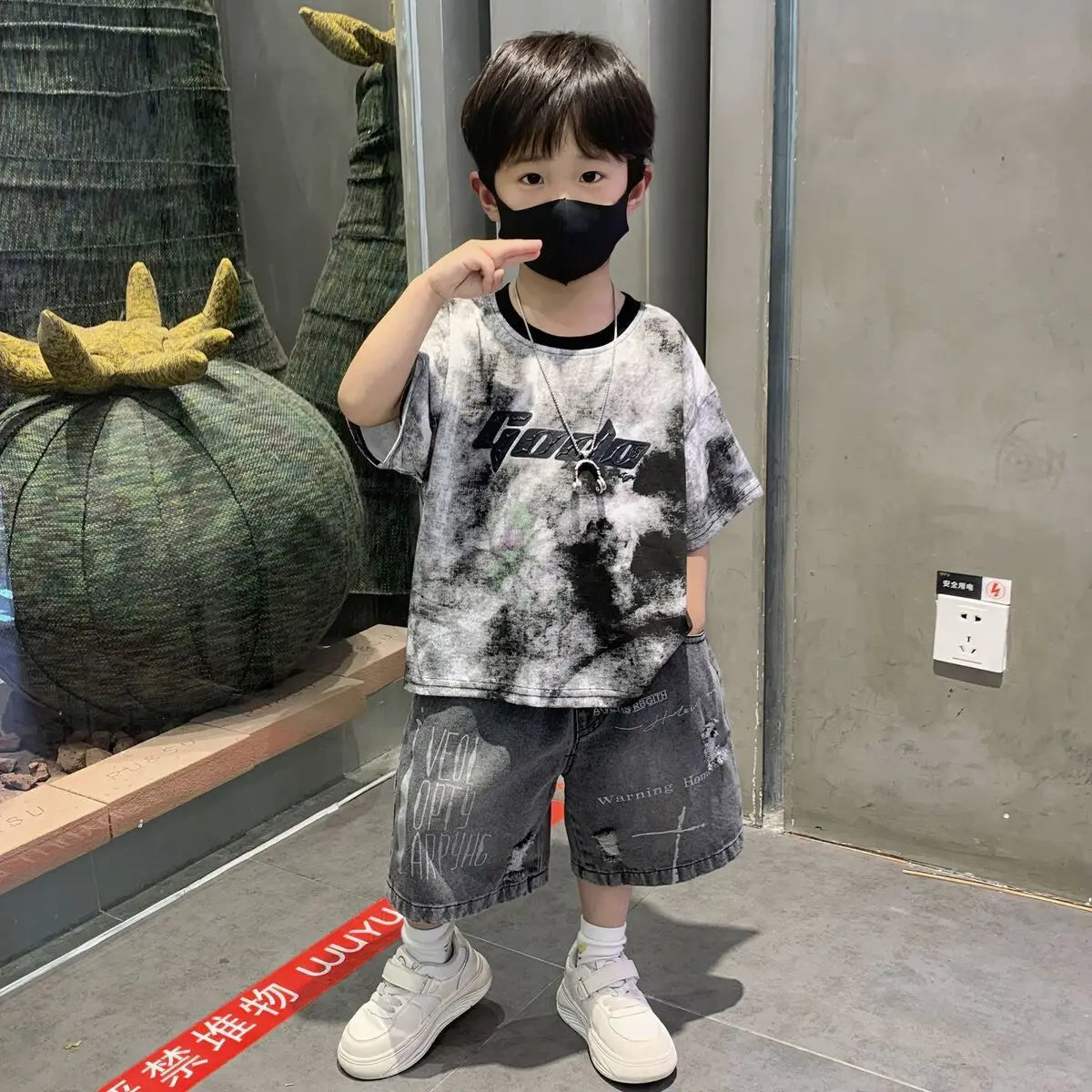 Korean Boys Summer Children's Top and Bottom 2PC Sets Short Sleeve T-Shirt & Denim Shorts Kids Clothes 1-7 Years Black Toddler