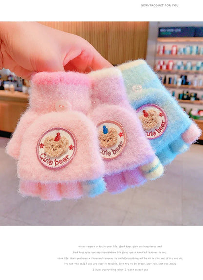 Winter Plush Knitted Cartoon Rabbit Flexible Flip-top Gloves Thicken Warm Cute Gloves For Baby Girls Half Finger Children Gloves