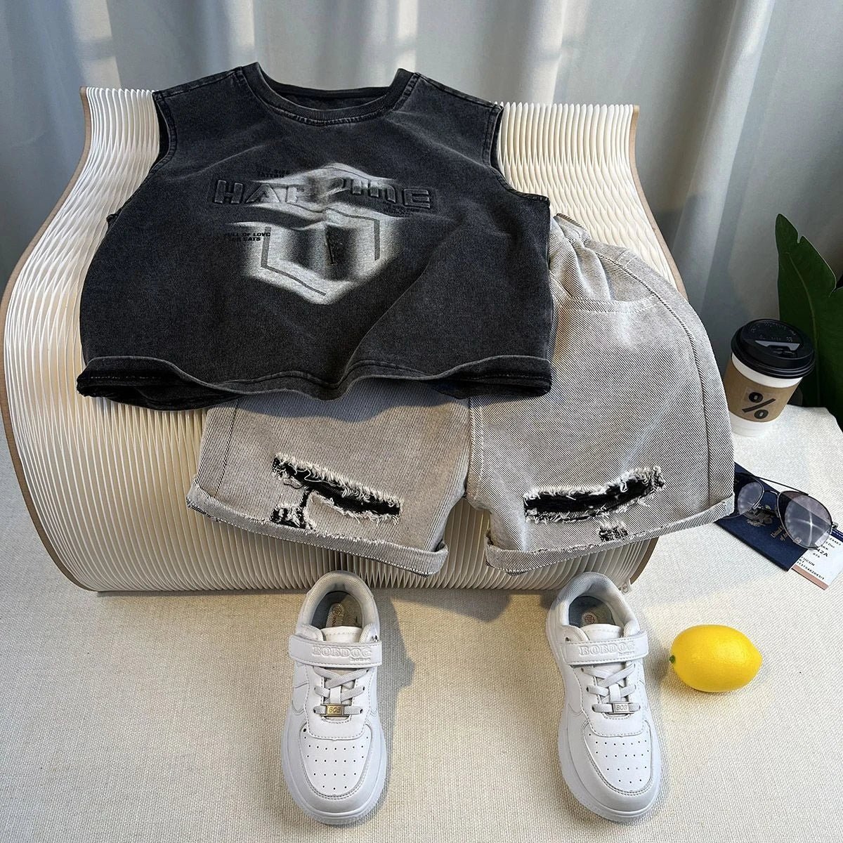 New Boys Fashion Summer Cotton Letter Printing T-shirts+Graffiti Denim Shorts 2pcs Set Kids Korean Outfits Sets Children Clothes