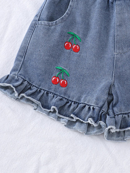 2PCS  Summer New Style Girls 1-3 Years Old Sweet And Cute Red Suspender Top + Denim Shorts