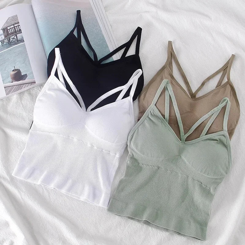 Women's Underwear Seamless Body-fitting Vest Wrapped Detachable Chest Pad Cut Top Elastic Sexy Cross Open Back V-neck Vest Bra