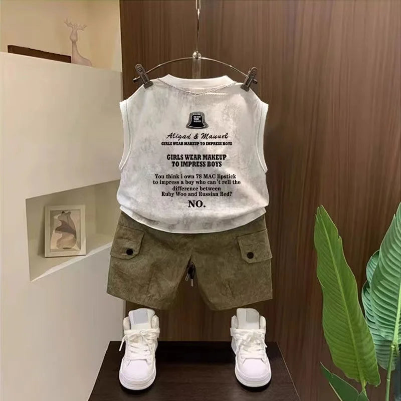 Children Boutique Summer Outfits 2025 New Boys Sleeveless Hat Letter T-Shirt And Pocket Shorts 2pcs Fashion Set Kid Sport Suit