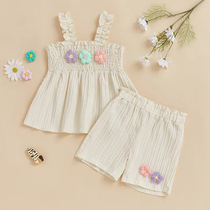 0-4years Baby Girl Summer Outfit 3D Flower Design Ruffled Trim Smocked Sleeveless Tops and Shorts 2 Pcs Set for Toddler girls