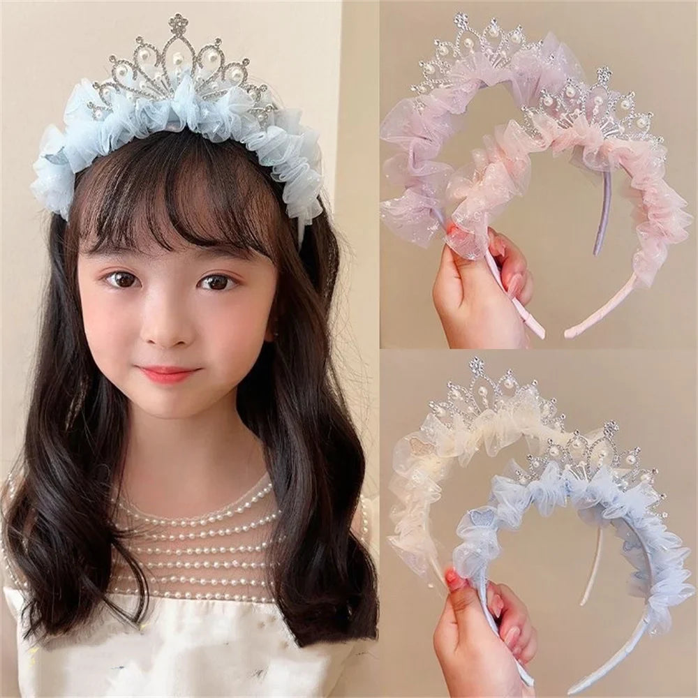 Sweet Princess Headband for Girl Mesh Pearl Crown Hair Hoop for Children Birthday Party Headwear