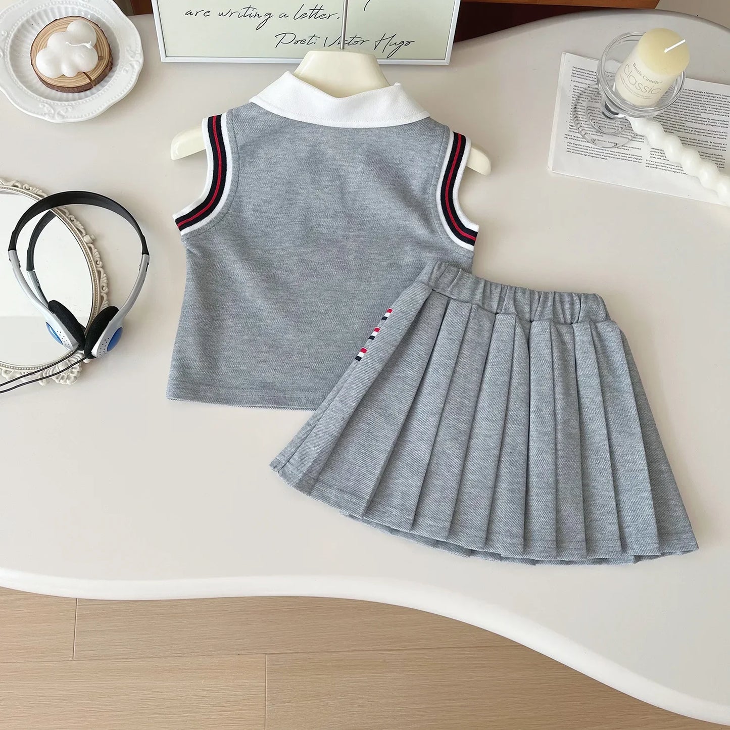 Baby Girl College Style Summer 2PCS Clothes Set Polo Collar Kid Girl Vest Top Set Thin Stylish Stripe Pleated Skirt Belle Outfit