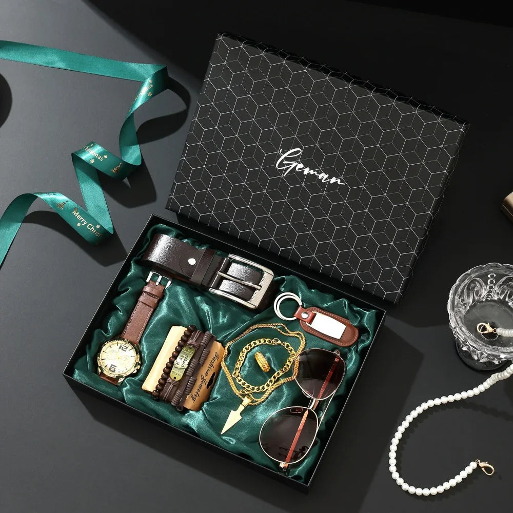 New Luxury Men's Accessory Set Watch Belt Wallet Pen Keychain Bracelet Cufflinks Sunglasses Gift Box for Dad Husband Boyfriend