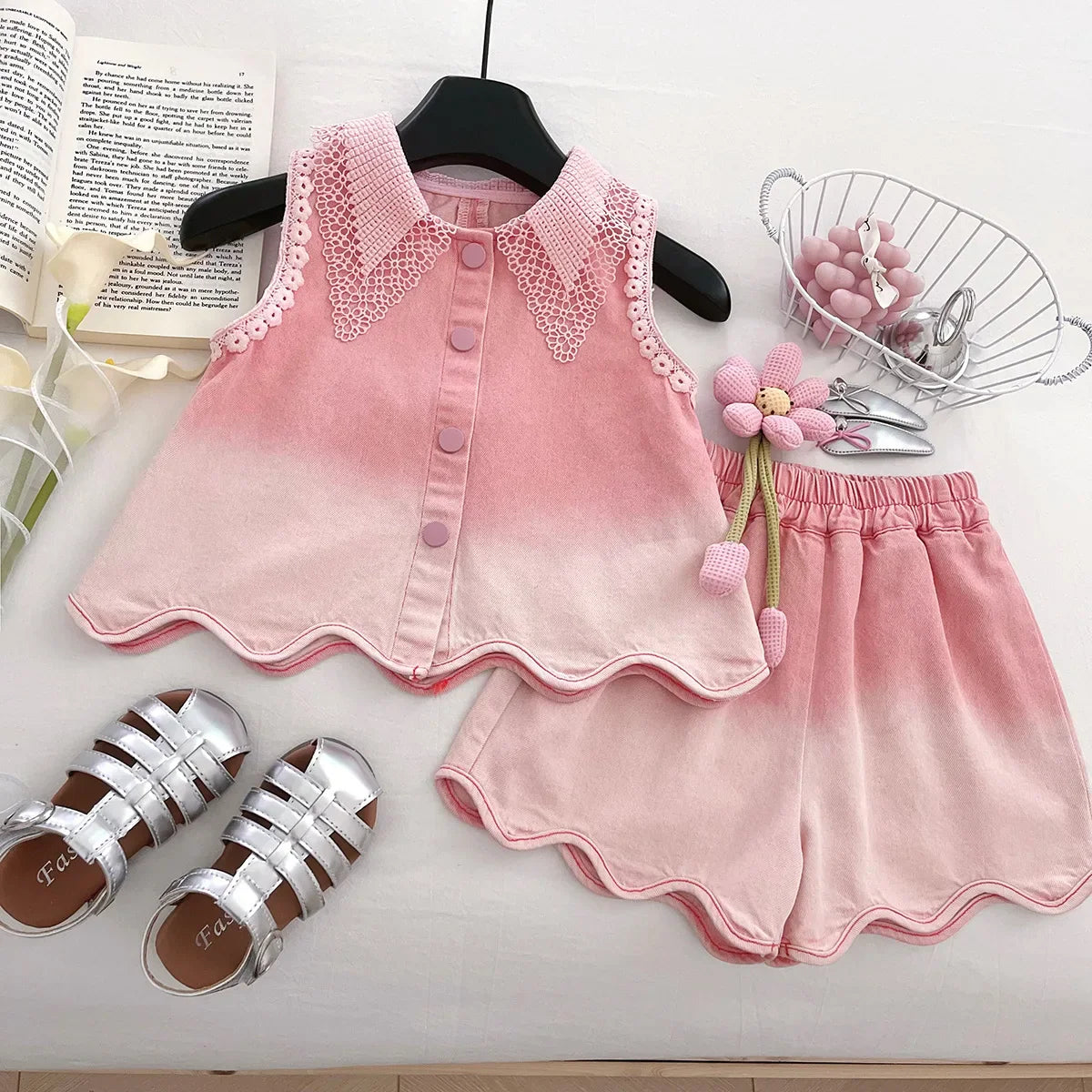 Baby Girls' Denim Suit Summer New Lace Vest Top Shorts Pants Casual and Fashion Kids Outwear Two-piece Set