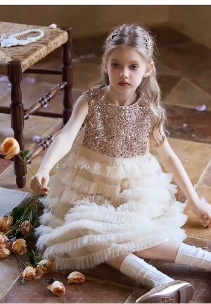 New Summer Party Dress for Kids Girls Sequined Sleeveless Mesh Cake Princess Dress Fashionable and Comfortable Skirt S4016