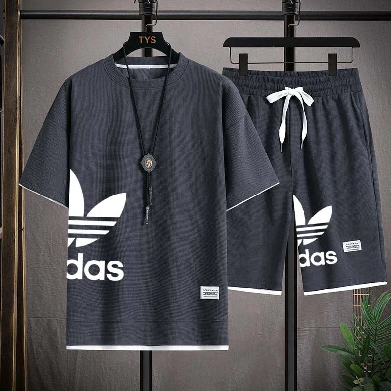 Summer  New Men's pullover sportswear Set, fashionable basketball men's casual short-sleeved T-shirt + shorts two-piece set