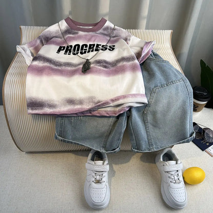 Hot Sale Fashion Baby Boy Suit Summer Clothes Short Sleeve T-shirt Short Jeans 2 Piece Set Kids Outfit Children's Costume