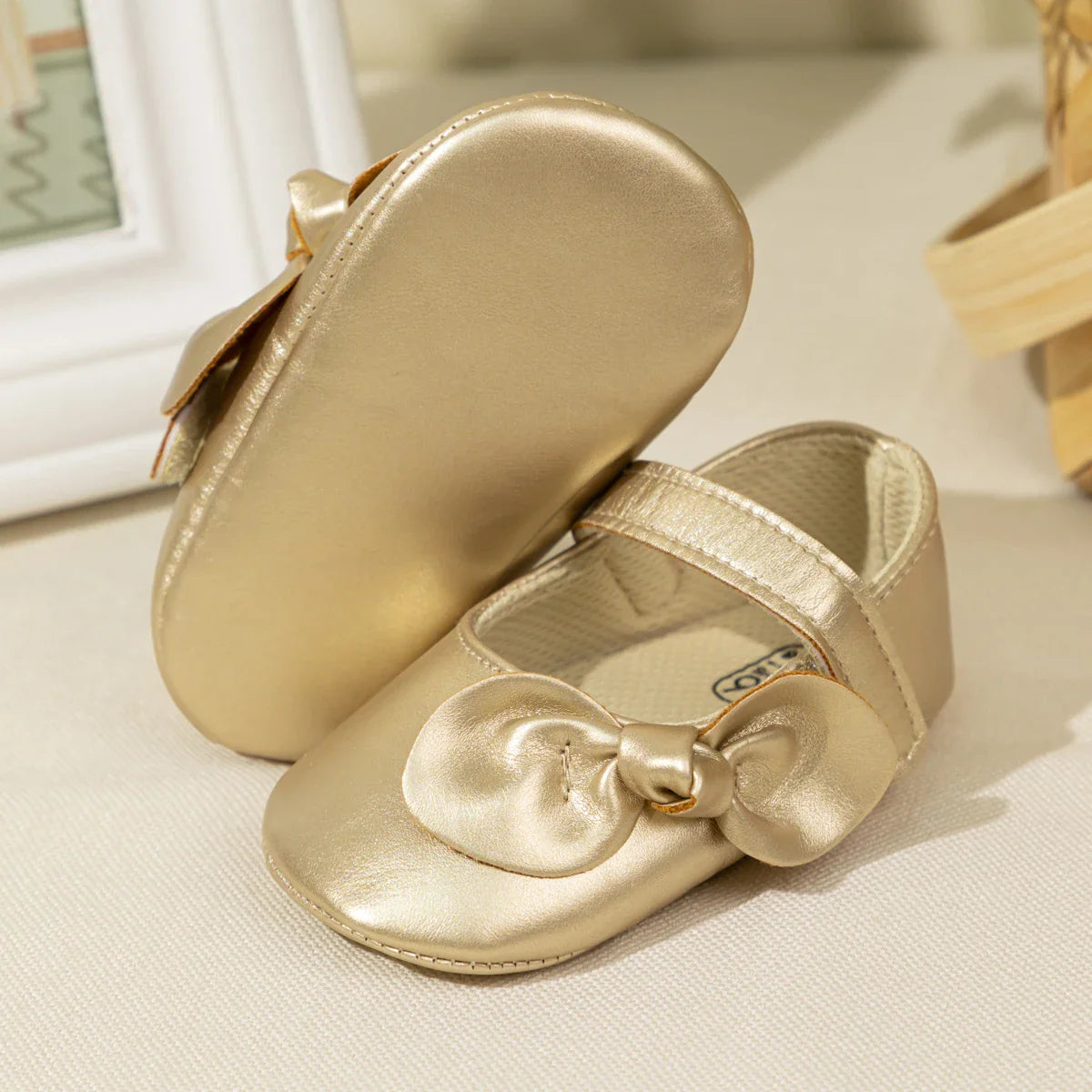 Gold Tie Cute Bow Flower Baby Princess Shoes Wedding Birthday Party Non-Slip Soft Sole Baby Toddler Shoes