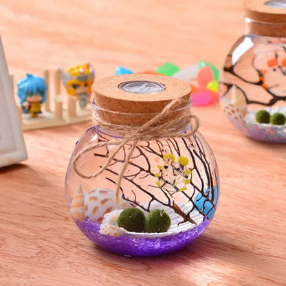 Round Glass Jar Terrarium with Colorful LED Light Cork Micro Landscape Ecological Bottle Night Lights