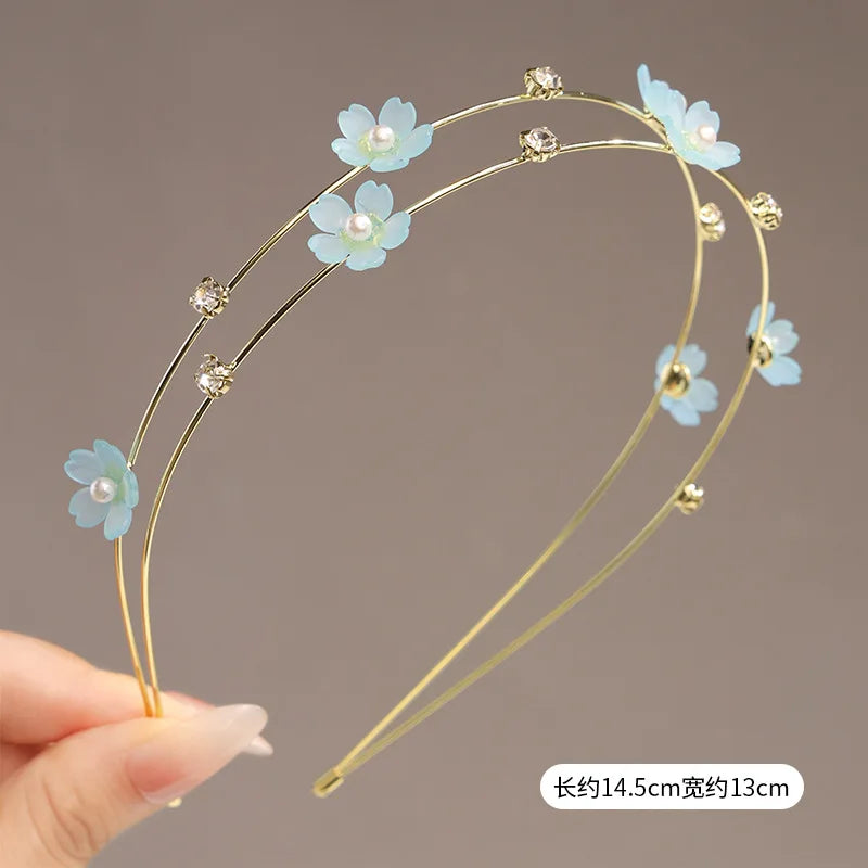 Double Layer Rhinestone Flower Hairbands for Women Fashion Elegant Metal Hair Hoop Korean Style Headwear Girls Hair Accessories