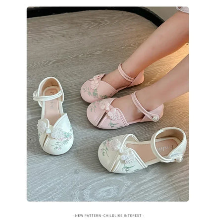 Girls Princess Shoes Hanfu Chinese Style Embroidered Kids Half Sandals for Summer Children Leather Shoes Sweet Soft Sole