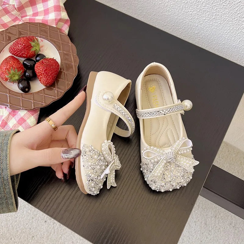 Girls Sparkly Rhinestone Bow Leather Shoes New Spring Toddler School Dance Flats Soft Sole Princess Kid Party Wedding Shoes