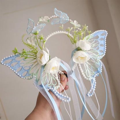 Fresh Sweet Butterfly Flowers Hairband Pearl Beads Silk Ribbon Floral Headwear Fairy Hair Jewelry Decorative Headwear Women Wear