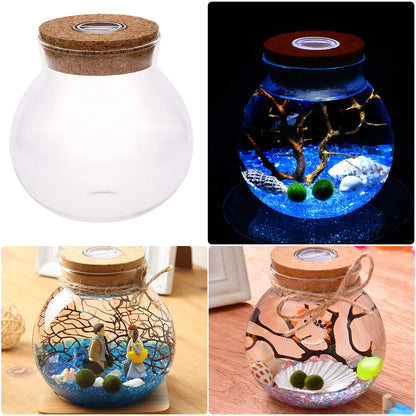 Round Glass Jar Terrarium with Colorful LED Light Cork Micro Landscape Ecological Bottle Night Lights