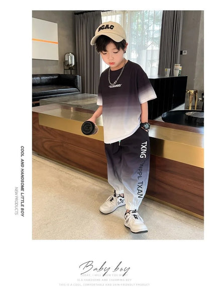 Summer teenager Boys Sports Suit Letter T Shirt + hip hop shorts Pants Kids Clothes Tracksuit 4 5 6 7 8 9 10 11 12 Years