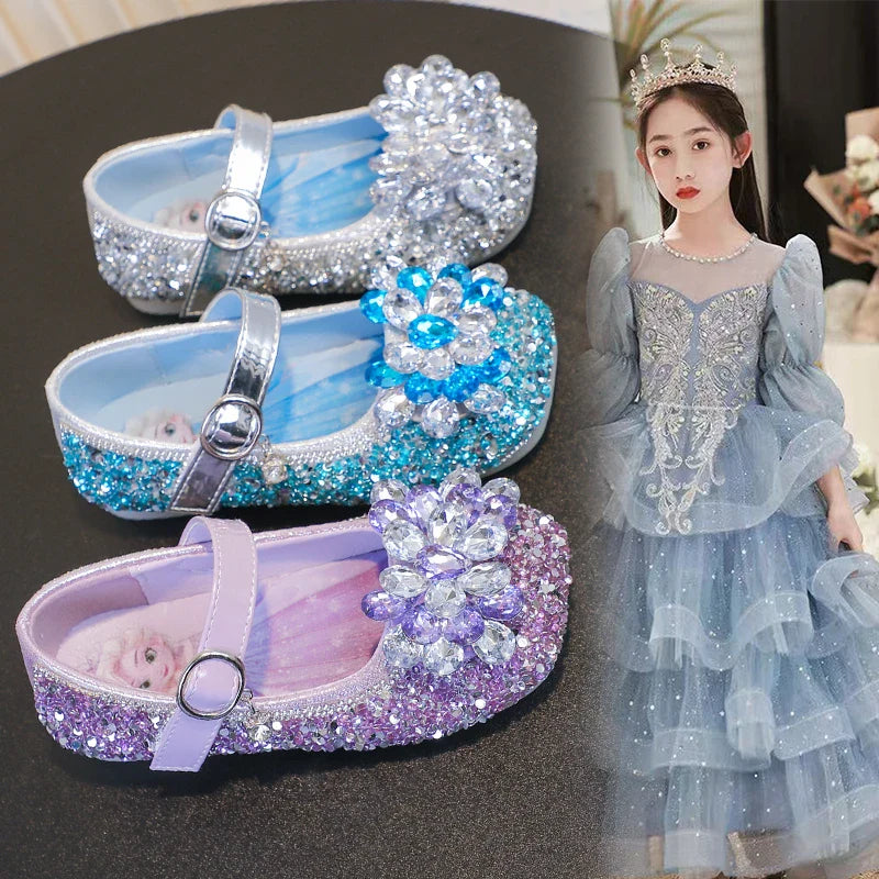 Disney Cartoon Pattern Elsa Princess Crystal Shoes for Girls Fashion New Style Baby Girl Low Heels Sandals Summer Fall Children