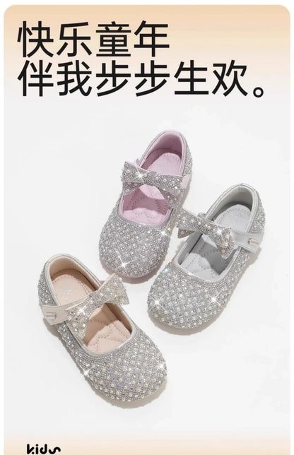 Autumn New Girls Single Princess Shoes Pearl Shallow Children's 2025 Comfortable Flat Shoes Kid Baby Rhinestone Bowknot Shoes