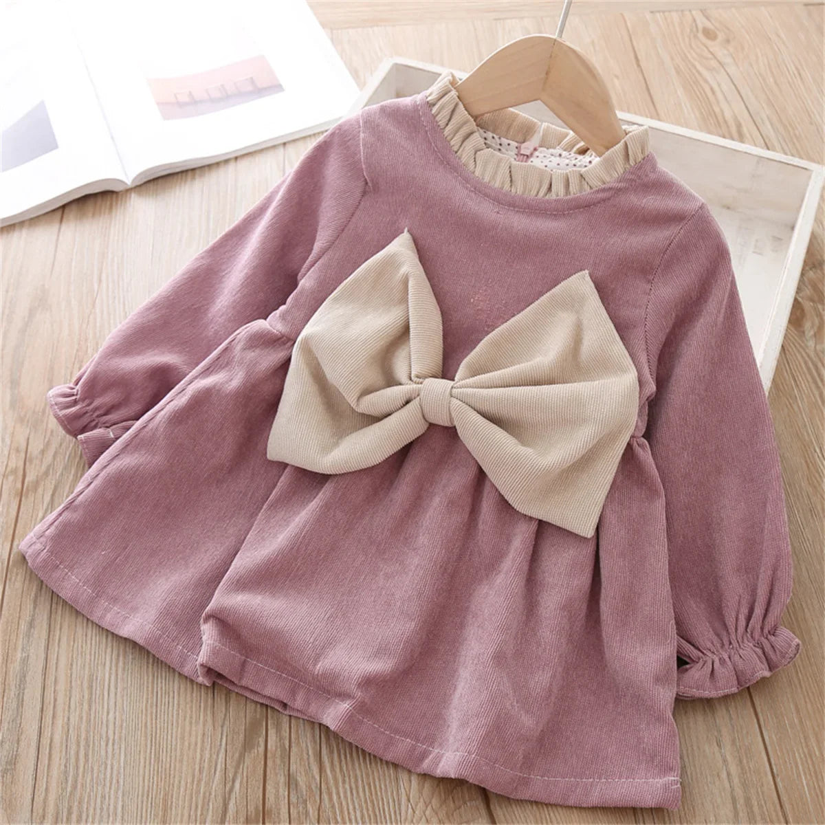 Winter Baby Girl Fleece Dress Bow Soft Standing Neck Solid Color Thickened And Warm Retro Baby Dress  (Available)
