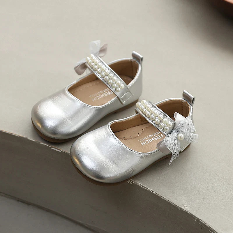 New Spring Autumn Kids Leather Shoes Side Bowknot Little Girls Dress Flat Shoes Elegant Children Princess Ballet Shoes for Party