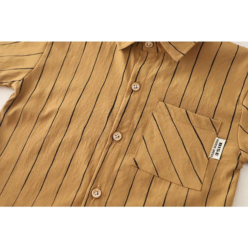 New Fashion Soft and Comfortable Children's Coffee Vertical Stripe Shirt Shorts Three-piece Set Kids Clothes Boys