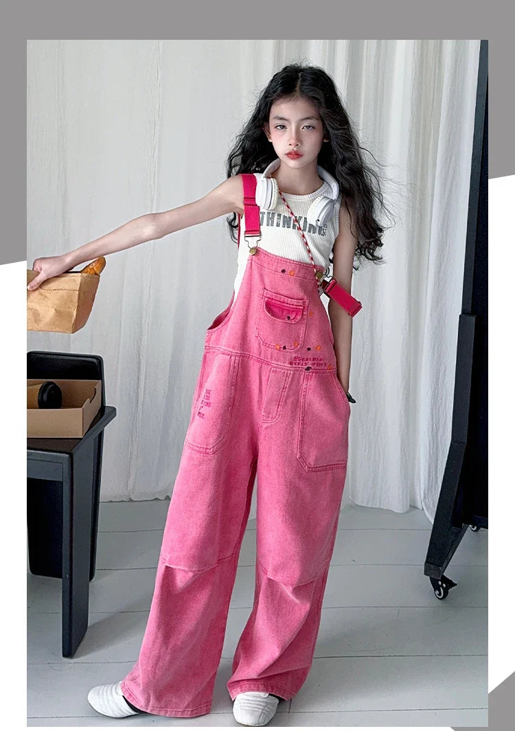 Luxury Kids Pink Denim Dungarees Bib Jeans for Teens Girl Casual Suspender Jumpsuit Child Fashion Jeans Overalls