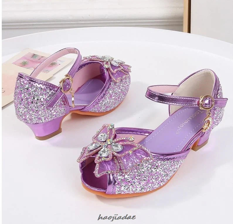 Summer High Heels Shoes for Girls Pageant Kids Sandals Child Mary Jane Shiny Princess Party Dress Up Shoes Purple Gold Pink Blue