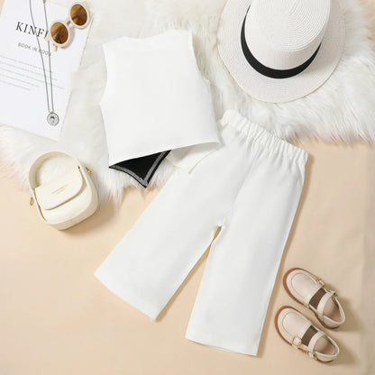 Summer Baby Girl Suits Toddler Clothes Set Black Whit Vest Wide Leg Trousers Flare Pants Kids Outfit Elegant Fashion Children