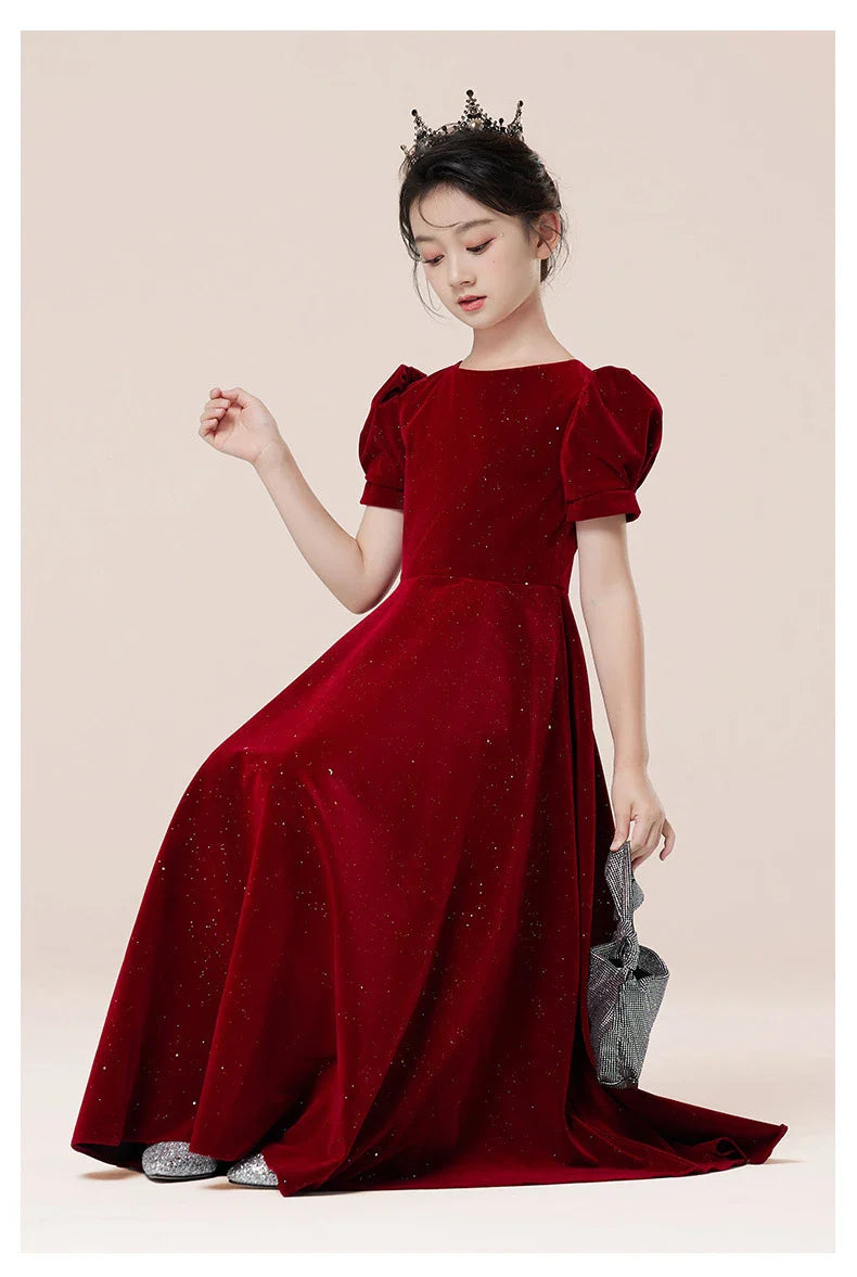 Kids Party Dress Clothing For Birthday Princess  Wine Red Piano Wedding Flower Girl Host Children's Formal Dress