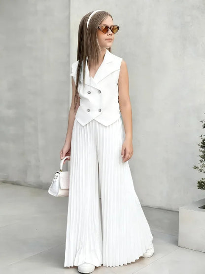 2025 Little Girls 2-Pieces Western-Style Outfit for Girls: Sleeveless Blazer Top+Wide-Leg Pleated Pants