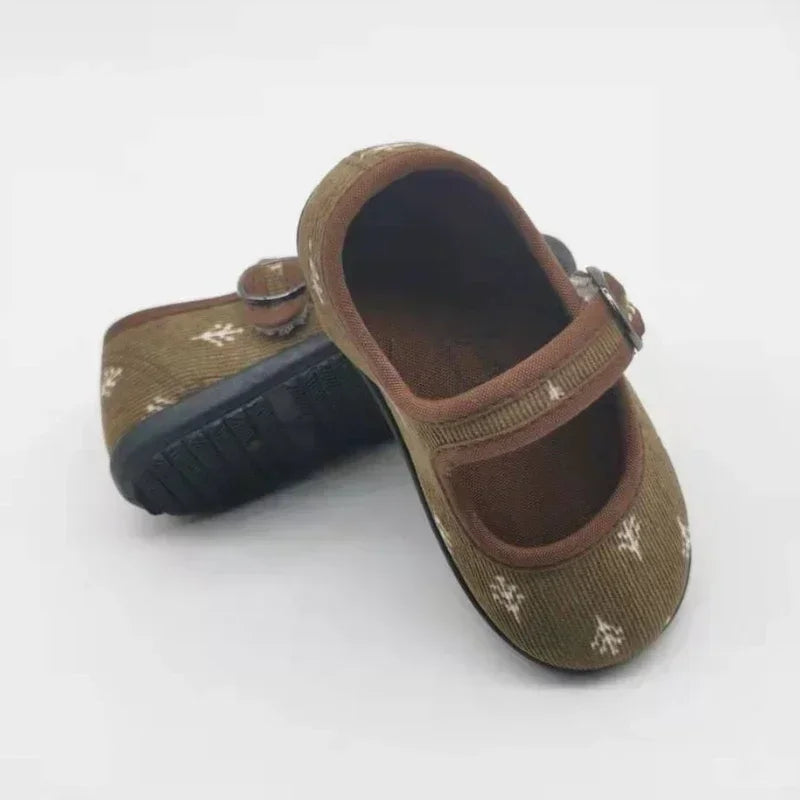 New Corduroy Floral Canvas Shoes Girls Square Mouth Indoor Shoes Soft Soled Non-slip Shoes