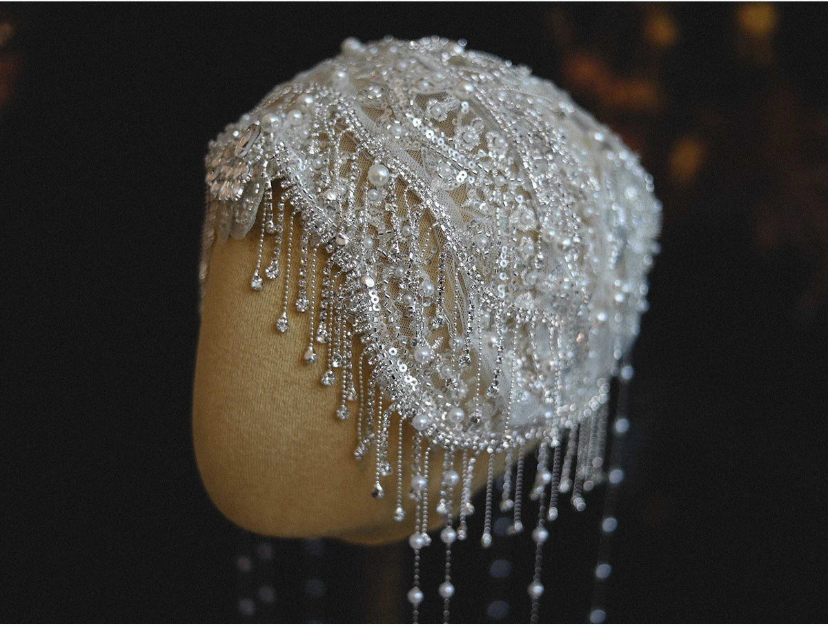 Fashion Exquisite Rhinestone Beaded Fringed Hat Yarn Bridal Wedding Personalized Retro Dress Wedding Photo Styling Jewelry